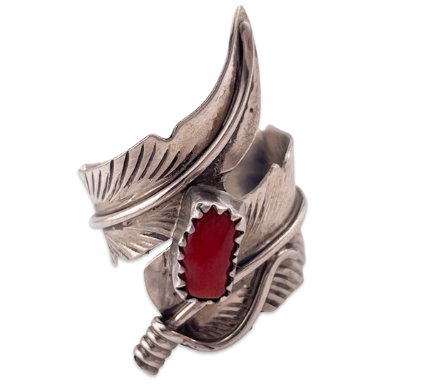 size 6.5 sterling silver coral feather wrap around ring
