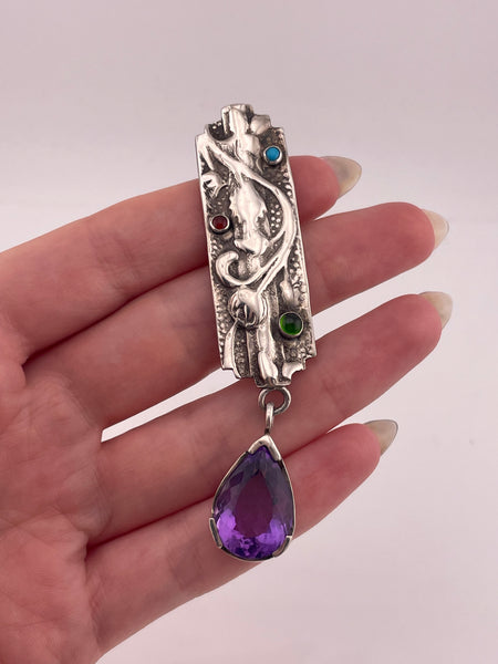 sterling silver 3-1/8" facted amethyst turquoise carnelian peridot floral pendant