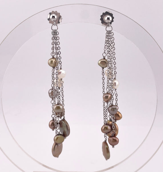 sterling silver 3-1/4" multi-color pearl chandelier post dangle earrings