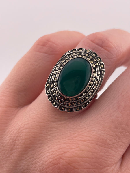 size 6.75 sterling silver Art Deco marcasite & chrysoprase ring **AS IS**