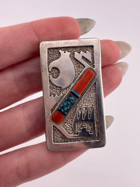partial sterling silver multi-stone inlay bear money clip
