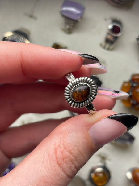size 7.25 sterling silver amber flower band ring