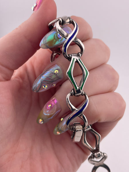 sterling silver 7" green & blue enamel link bracelet