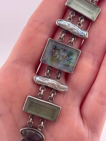 sterling silver 7-1/4" to 7-7/8" Janice Lee Ripley faceted plastic labradorite pearl link bracelet