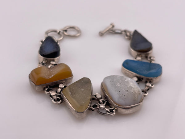 sterling silver 7-3/4"- 8-1/4" six druzy stone link bracelet