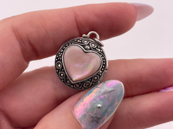 sterling silver marcasite mother of pearl heart round locket pendant ***Missing Marcasite***