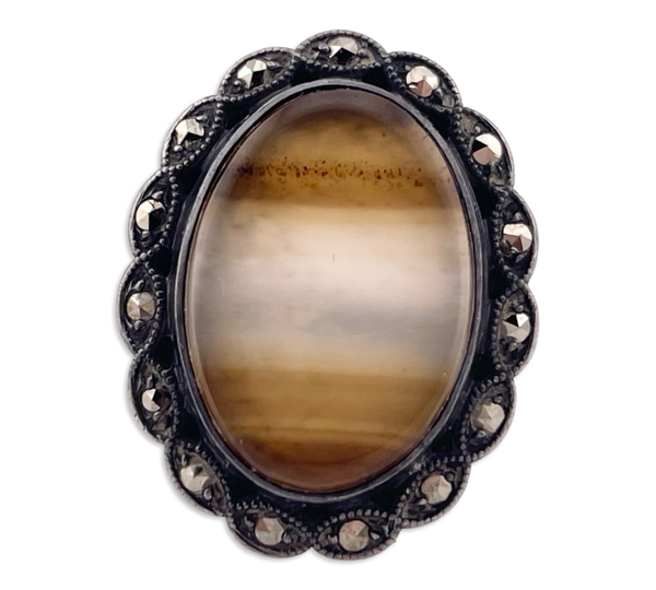 size 6 sterling silver Uncas Art Deco Montana agate marcasite ring