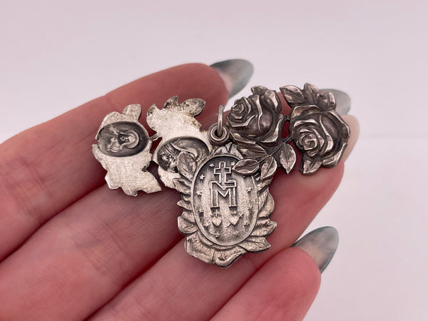 sterling silver religious Mary flower slide pendant
