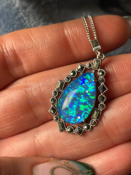 sterling silver marcasite & lab opal pendant necklace