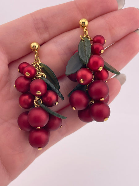 costume gold tone red grape fruit post dangle earrings
