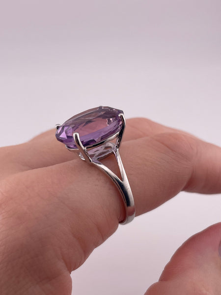 size 9.25 rhodium plated sterling silver large faceted amethyst ring