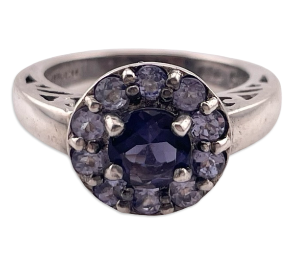 size 6 sterling silver faceted amethyst & iolite round cluster ring