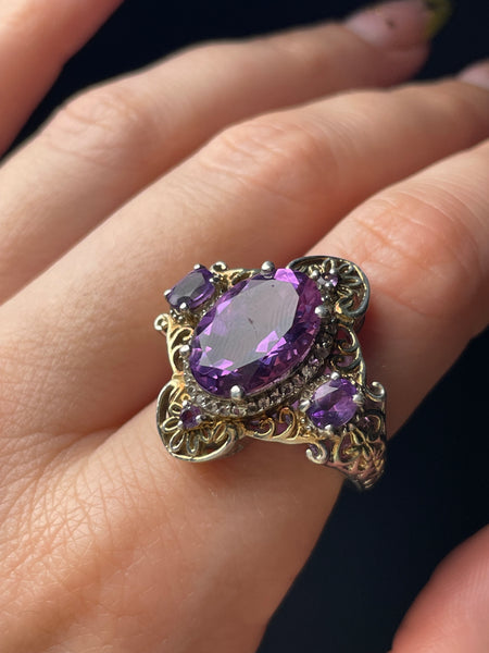 size 7.5 sterling silver gold wash faceted purple glass ring