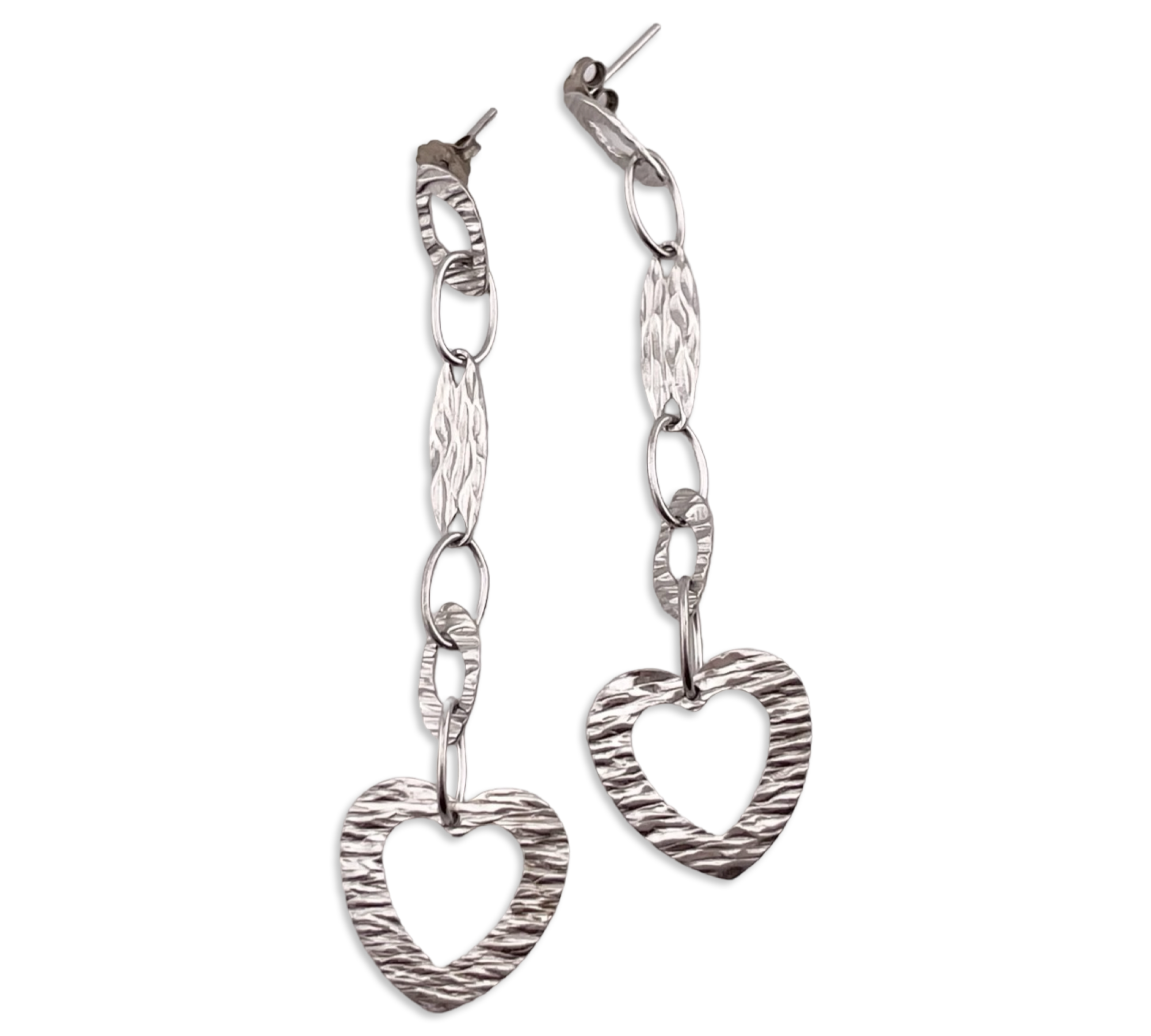 sterling silver textured dangle heart post earrings