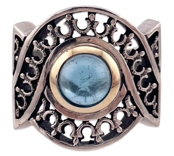 size 8.5 sterling silver & 14k blue glass ring