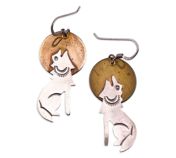 sterling silver & brass howling wolf hook dangle earrings