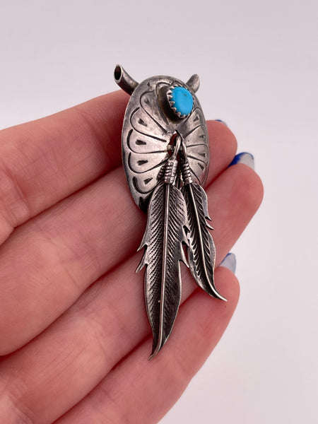 sterling silver concho feather turquoise slide pendant