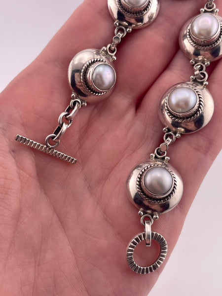 sterling silver 7-1/2" pearl link bracelet