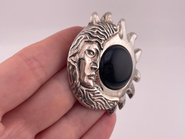 sterling silver Taxco Mexico large onyx sun & moon pendant / brooch