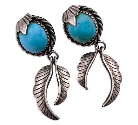 sterling silver turquoise feather post dangle earrings