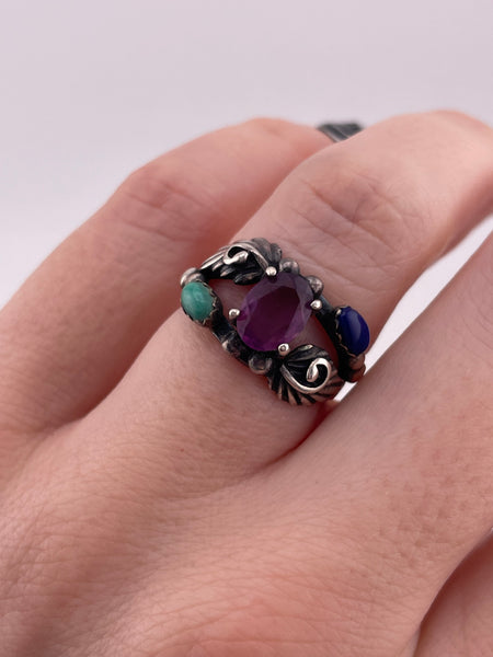 size 6 sterling silver faceted purple glass turquoise lapis ring