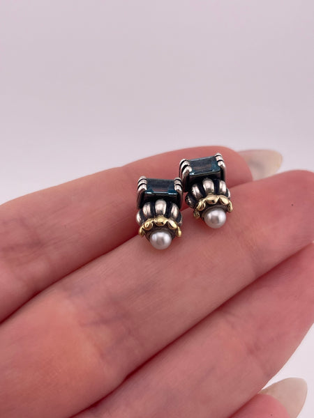 sterling silver & 18k gold Lagos Caviar Glacier pearl & blue topaz post earrings