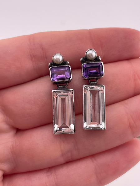 sterling silver faceted quartz amethyst pearl post hinge earrings