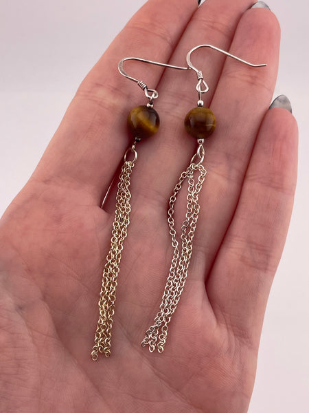 sterling silver tiger's eye chain dangle earrings