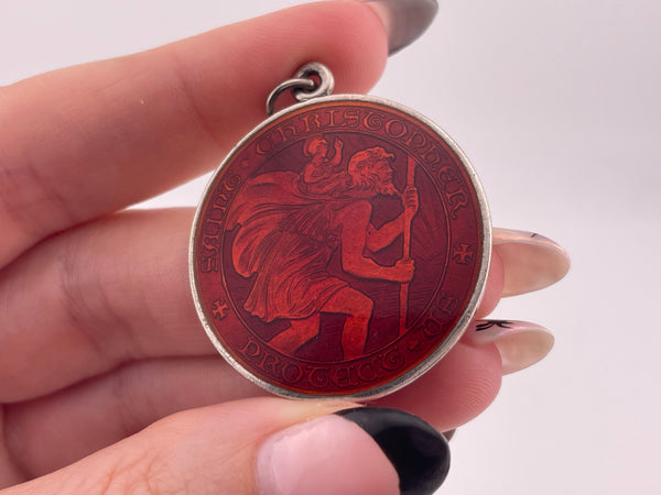 sterling silver large red enamel Saint Christopher religious protection pendant