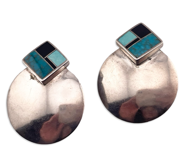 sterling silver Ray Tracey Knifewing turquoise onyx inlay clip-on earrings