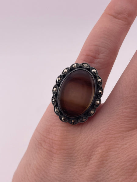 size 6 sterling silver Uncas Art Deco Montana agate marcasite ring