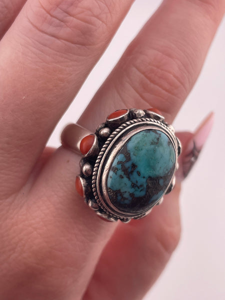 size 9 sterling silver chunky turquoise & coral border ring