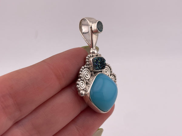 sterling silver designer Sajen turquoise, druzy, & faceted topaz pendant
