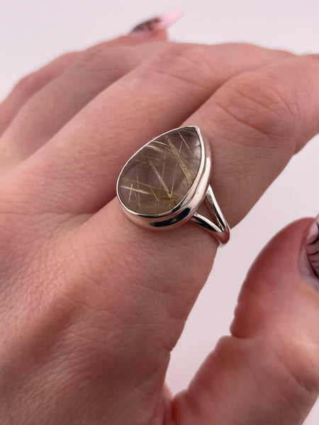 size 7.75 sterling silver pear shape rutilated quartz ring