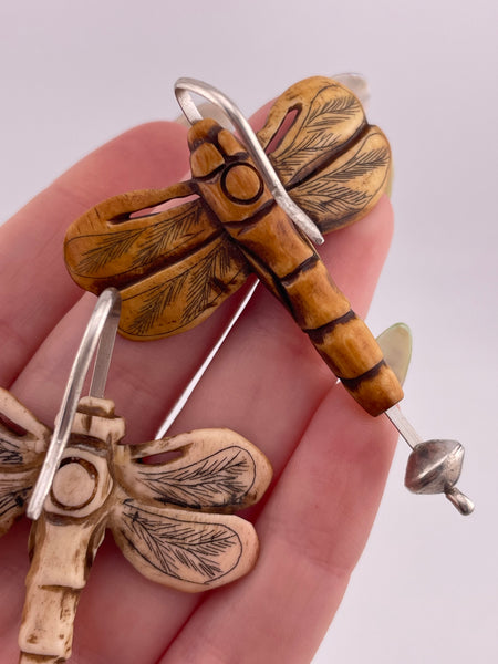 sterling silver large carved material dragonfly dangle earrings