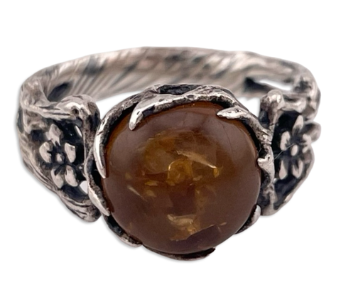 size 6.5 sterling silver amber flower textured band ring