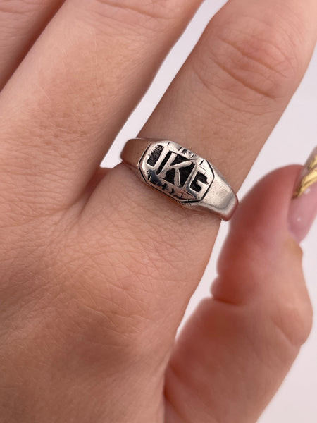 size 8.5 sterling silver 'JKG' initials ring