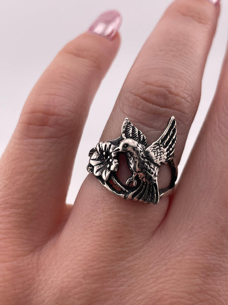 sterling silver hummingbird & flower ring - choose size