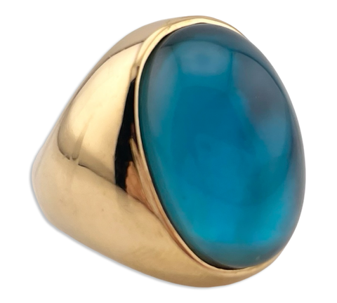 size 8.25 sterling silver gold plated heavy chunky blue glass over mother of pearl ring