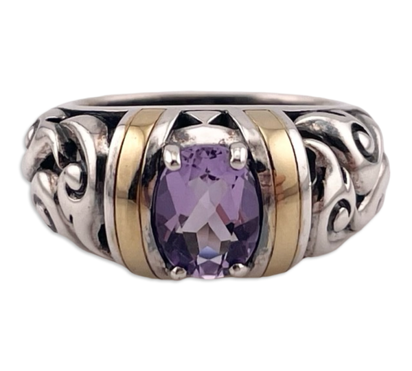 size 6.5 sterling silver & gold faceted amethyst scroll ring