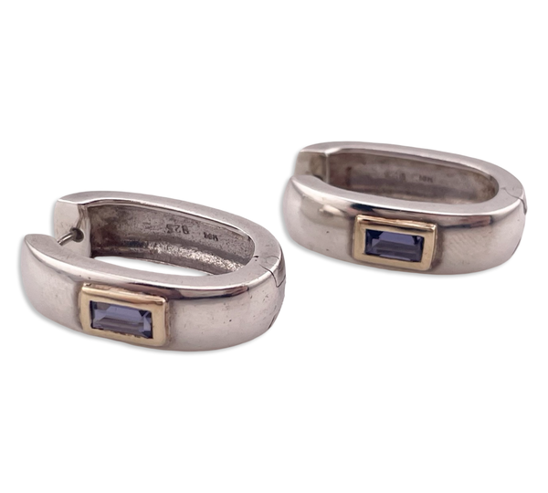 sterling silver & 14k gold faceted iolite hinge hoop earrings