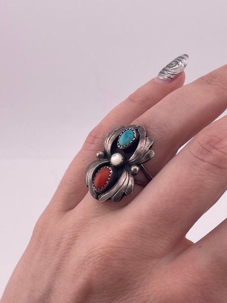 size 7 sterling silver coral mother of pearl turquoise  ring