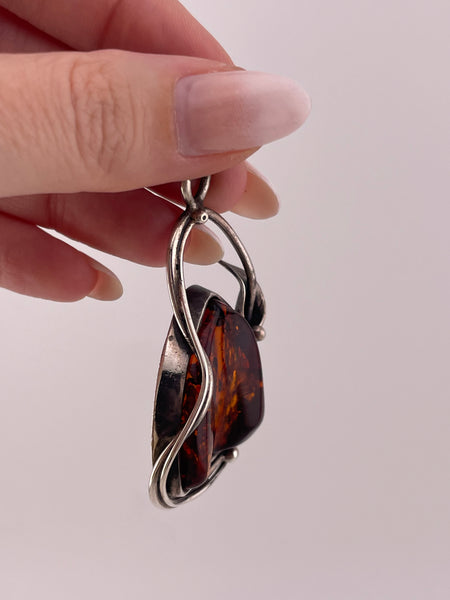 sterling silver amber flower pendant