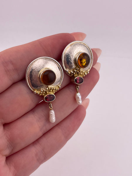 sterling silver gold wash amber faceted garnet pearl post earrings