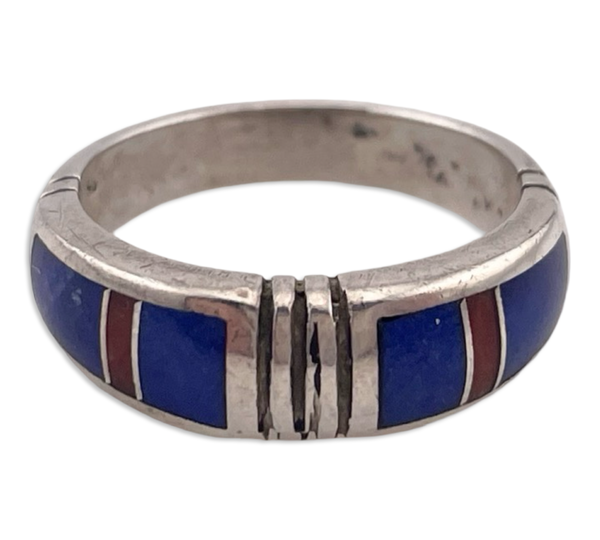 size 7.25 sterling silver Ray Tracey lapis coral inlay band ring