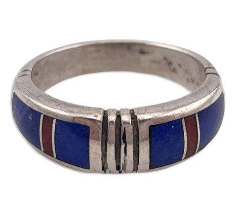 size 7.25 sterling silver Ray Tracey lapis coral inlay band ring