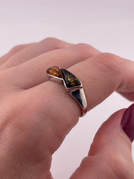 size 8.5 sterling silver two-tone amber ring
