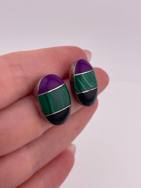 sterling silver malachite onyx synthetic purple stone post earrings