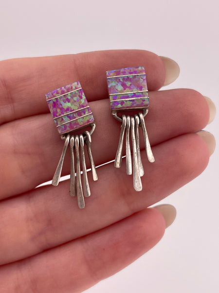 sterling silver pink green rectangle lab opal inlay fringe post earrings