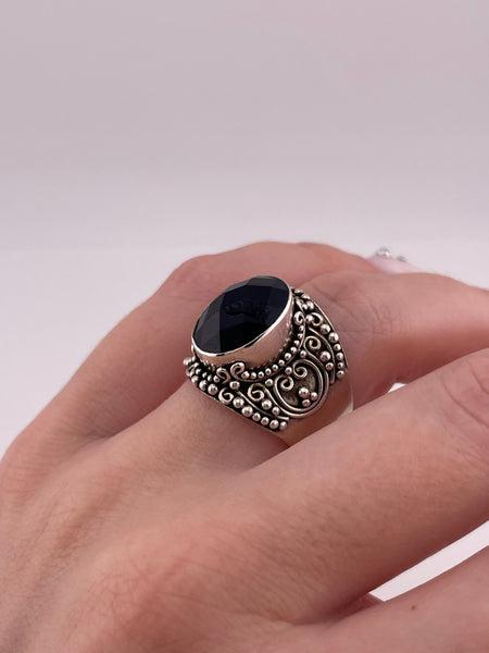 size 7.75 sterling silver faceted black glass ring
